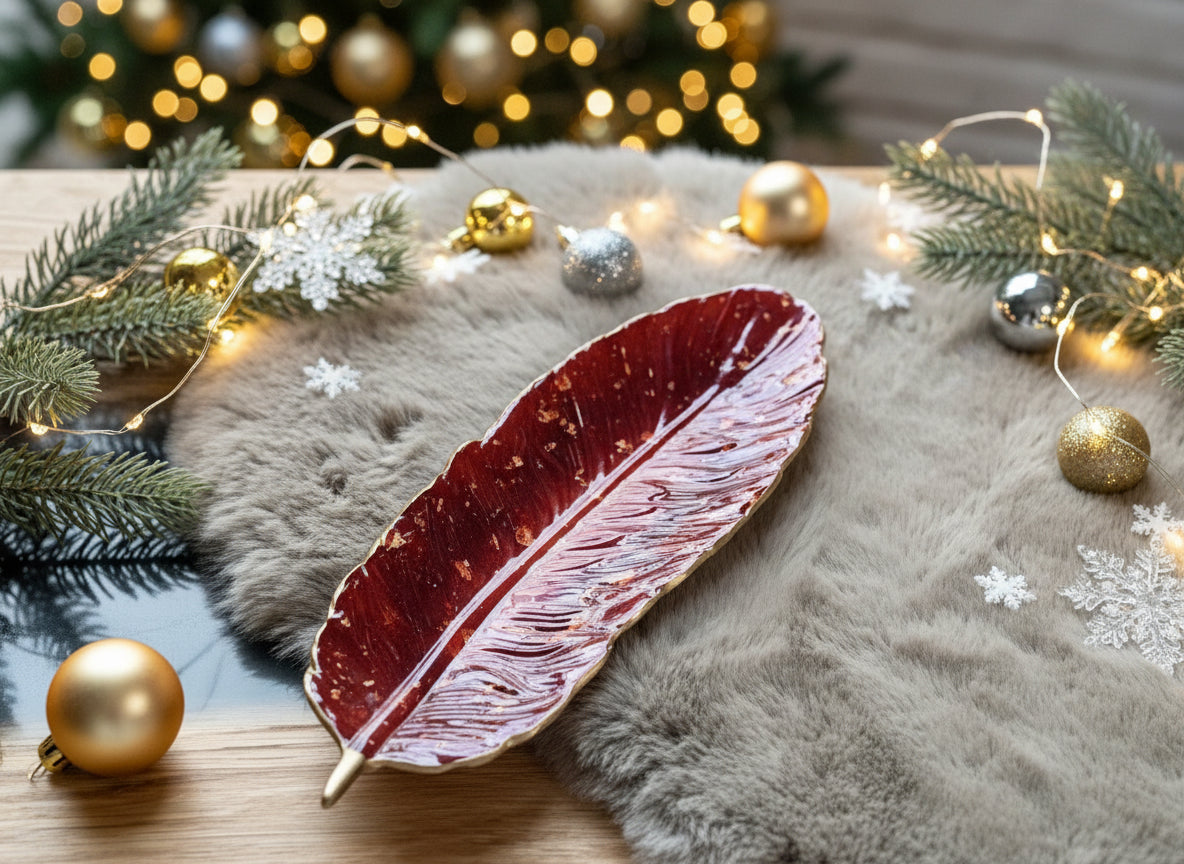 Epoxidharz Schmuckschale in Federstil 23,5 cm - handgefertigt
