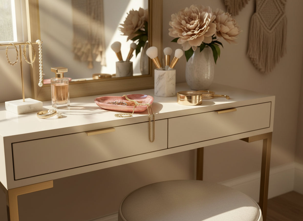 Epoxidhart Schmuckschale in Rosa auf dem Make-up Tisch
