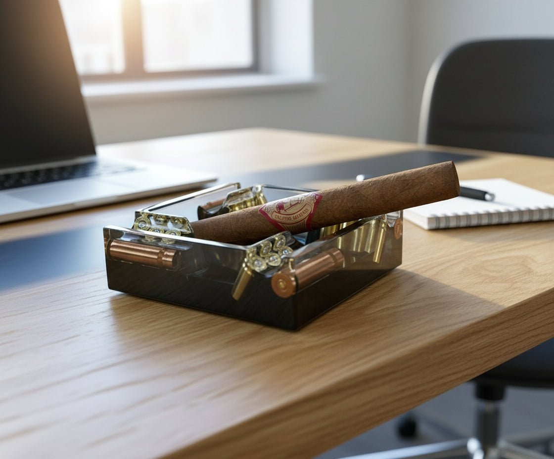 Industrial Aschenbecher aus Epoxidharz  Epoxidharz mit eingegossenem Recycelten Messing auf dem Bürotisch