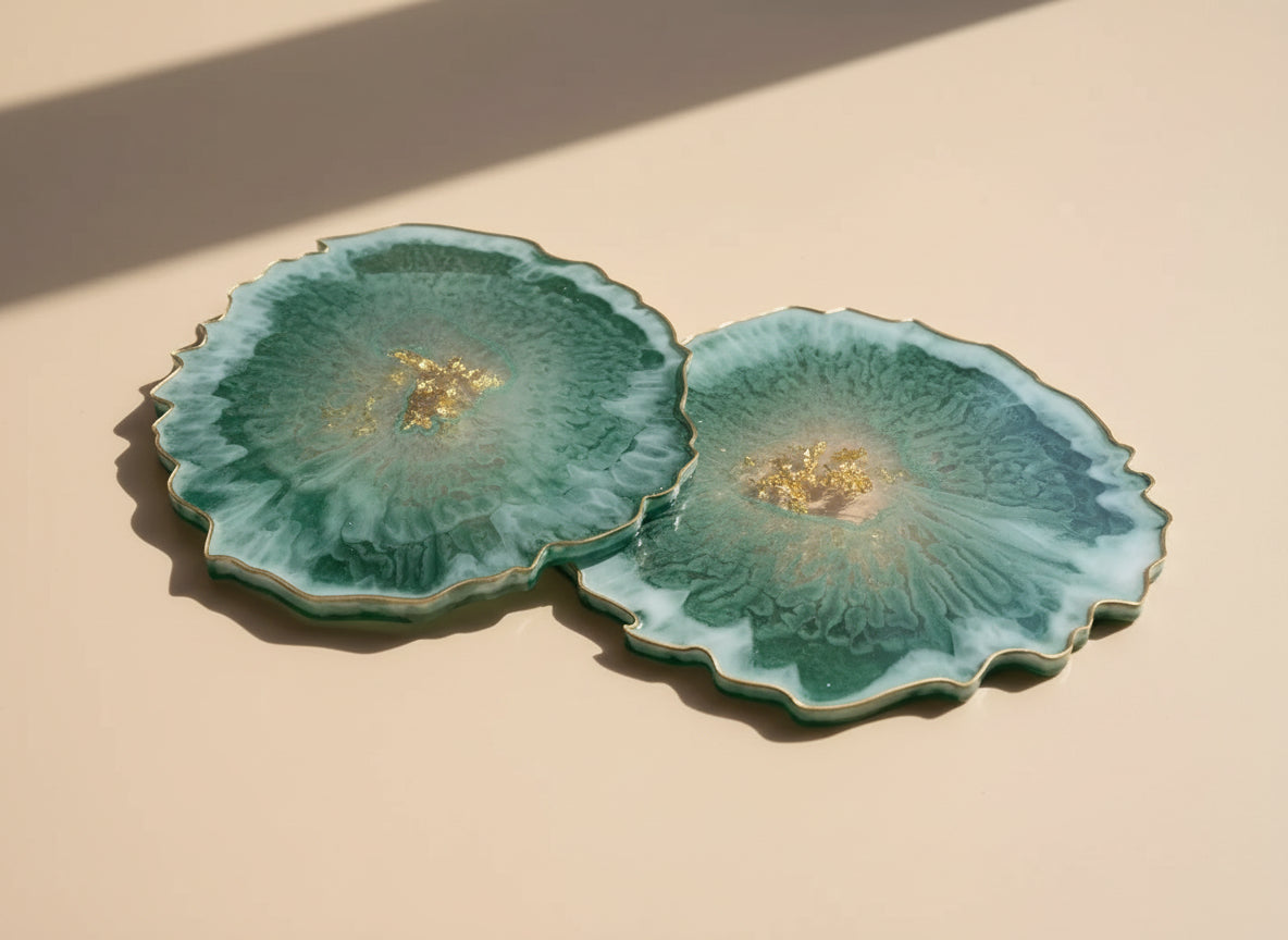 Grün-Gold Untersetzer aus Epoxidharz - Goldrand Akzent (obere Kante Gold) 